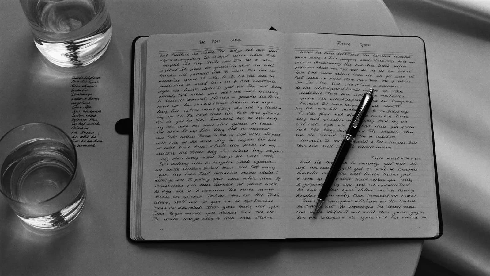 An open paper diary with a pen and a glass of water on a bedside table